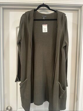 Tahari Olive Hooded Open-Front Cardigan with Pockets
